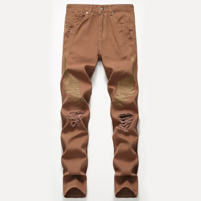 

Gobestart Mens New Fashion Casual Denim Straight Jeans Embroidery Hole Long Pants