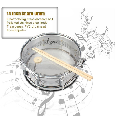 

14in Snare Drum Stainless Steel Drum Body Transparent PVC Drumhead with Case Sticks Gloves Shoulder Strap for Student Professional