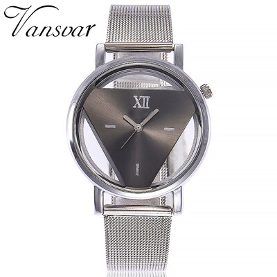 

Vansvar Fashion Women Silver Triangle Watch Casual Transparent Hollow Stainless Steel Mesh Quartz Watches Relogio Feminino 533