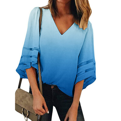 

Starmoon Womens V Neck Mesh Panel Blouse 34 Bell Sleeve Casual Loose Top Shirt