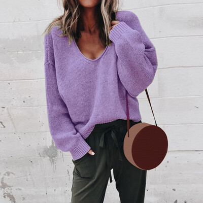 

Womens V-neck Knit Sweater Ladies Long Sleeve Casual Loose Jumper Pullover Tops