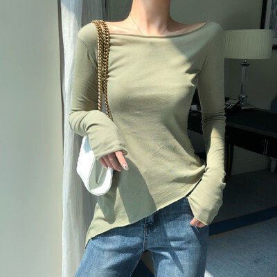 

Women Solid Slim T-Shirt Casual Pullover Tops Slash Neck Female Irregular Split Tee Shirt Fashion Long Sleeve T Shirt