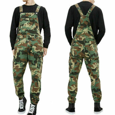 

Mens Distressed Denim Camouflage Workwear Jumpsuit MOTO Motorcycle Riding Jeans