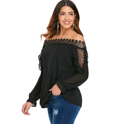 

Openwork Mesh Brim Long Sleeve Chiffon Blouse