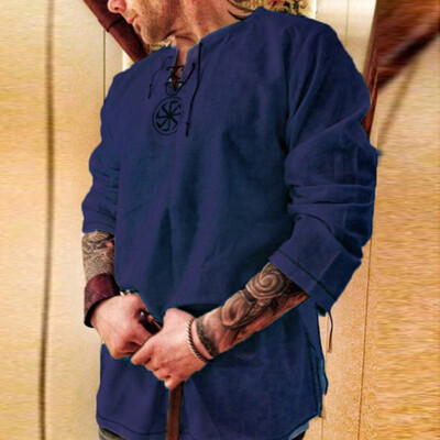 

Mens Tops Loose Cotton Shirt Casual Long Sleeve Solid Color Lace Up T-Shirts