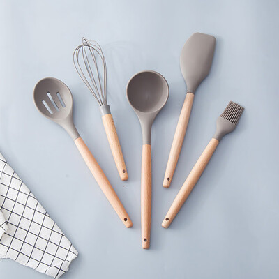

〖Follure〗High temperature silicone kitchenware set eggbeater colander wooden handle