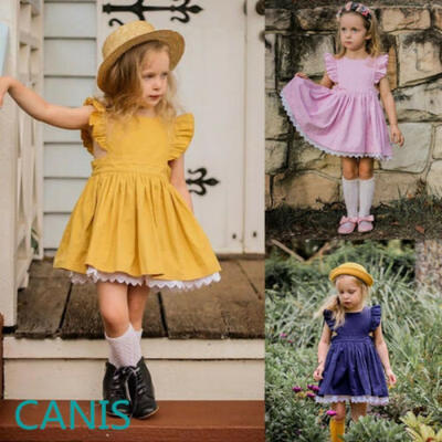 

US Toddler Kid Summer Infant Baby Girls Fly Sleeve Solid Dress Clothes Dresses