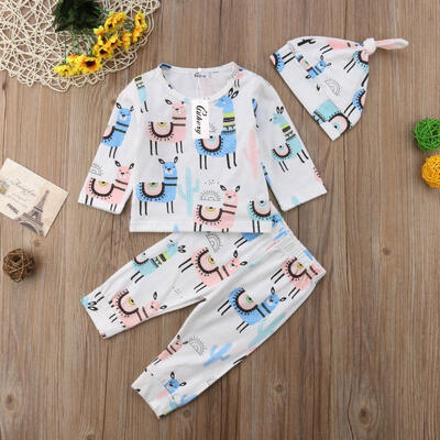 

Newborn Kids Baby Girls Boys Alpaca Tops T shirtPantsHat 3pcs Outfits Clothes