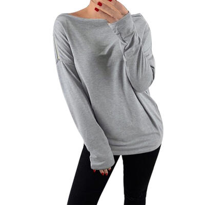 

Fashion Casual Spring Women Zipper Tops Boat Neck Loose Solid Color Shirts