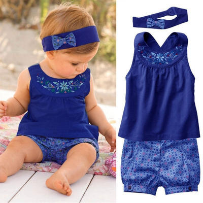 

Infant Newborn Baby Kid Girls Floral Blue Headband Shirts Pants 3PCS Suits Sets