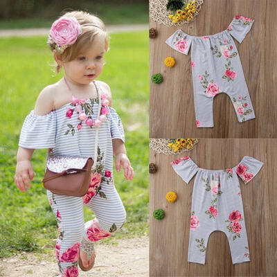 

2018 Newborn Baby Girl Cotton Floral Off-shoulder Jumpsuit Romper Outfits Summer