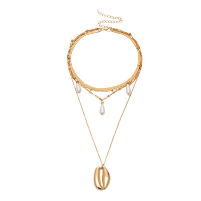 

2019 New Fashion Imitation Pearl Choker Necklace Women Gold Color Bead Cowrie Big Sea Shell Pendant Necklace Statement Collier