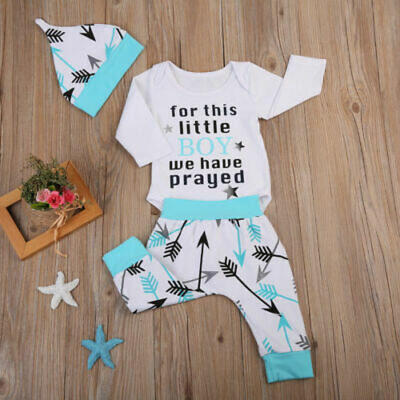 

3Pcs Newborn Infant Baby Boys Romper Bodysuit Long Pants Hat Outfits Clothes Set