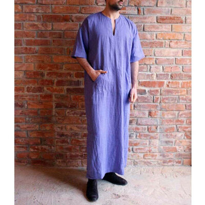 

Mens Long East Kaftan Saudi Arab Islamic Clothing Short Sleeve Thobe Robe