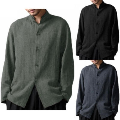 

Mens Stylish Ultra-Thin Cotton Linen Blend Long Sleeve Casual Standing Collar Shirts Tops Blouse