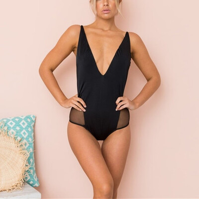 

Roseonmyhand Women Mesh Splicing One Piece Swimsuit Halter Bikini Set Sport Swimwear