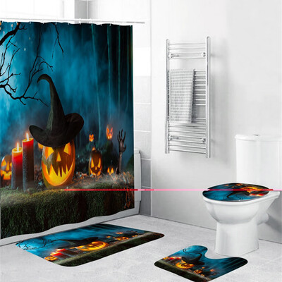 

〖Follure〗Halloween festival 4PCS Non Slip Toilet Polyester Cover Mat Set Bathroom Curtain