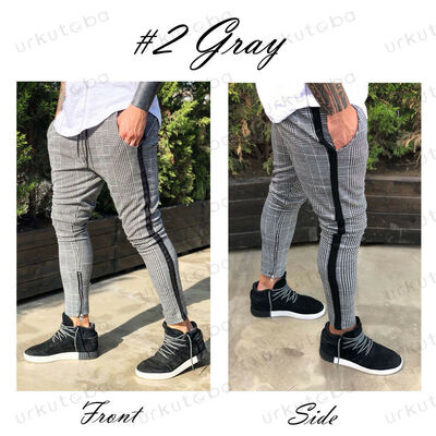 

Men Ankle Zip Plaid Check Casual Trousers Pants Joggers Jogging Slim Fit Skinny