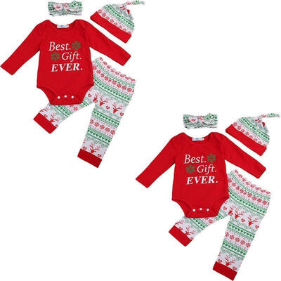 

Newborn Baby 4PCs Boys Girls Christmas Clothes Best Gift EVER Romper Bodysuit JumpsuitLong PantsHatHeadband Outfits Set 0-2