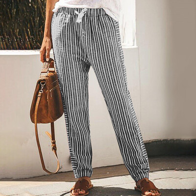 

Women Long Pants Casual Style High Waist Trouser Stripe Pocket Loose Pants