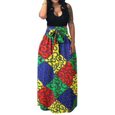 

Roseonmyhand Women High Waist Vintage Printed Pleated Swing Long African Leated Beach Skirt