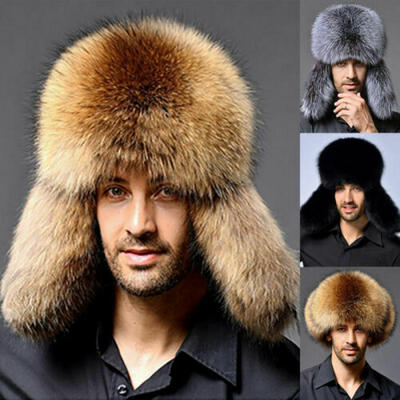 

USA Mens Winter Real Raccoon Fur&Lamb Leather Russian Cossack Trapper Hats