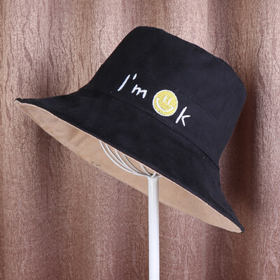 

Autumn new smiley face letters embroidered fisherman hat ladies Japanese fresh pot hat students outdoor Joker Hat