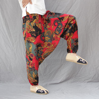 

Cotton Linen Men Loose Harem Pants Print Retro Drop Crotch Cross-pants Hip-hop Casual Wide-leg Large Size Bloomers Trousers Male