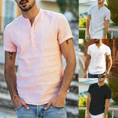 

Fashion Summer Mens Linen Short Sleeve T-Shirt Casual Loose V-Neck Tops