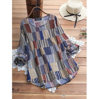 

Womens Summer Striped V Neck Blouses Loose Baggy Tops Tunic T Shirts Plus Size