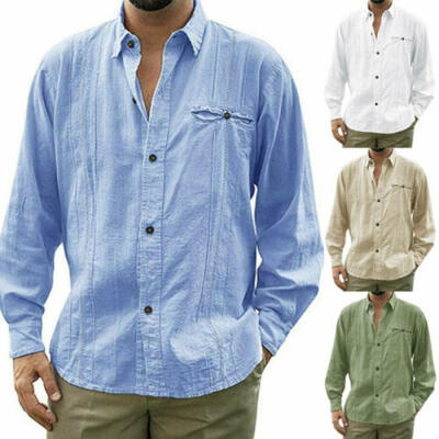 

Fashion Mens Linen Casual Slim Fit Dress Shirt Long Sleeve V Neck Shirts Tops