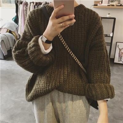 

Retro Autumn Winter Knitted Sweater For Women Loose Long Sleeve Solid Color Long Sweater Pullovers