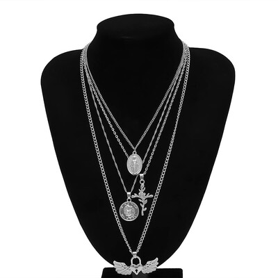 

Fashion Multi Layers Coin Rose Cross Angel Wing Heart Lock Necklaces For Women Charm Gold Chokers Collares Female Jewelry