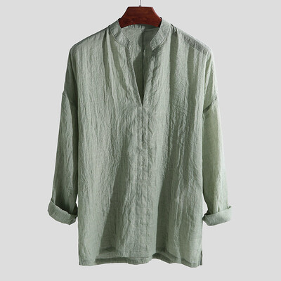 

Summer Men Cotton Linen Pullover Tops Tee 34 Sleeve V Neck Casual Loose T-Shirt