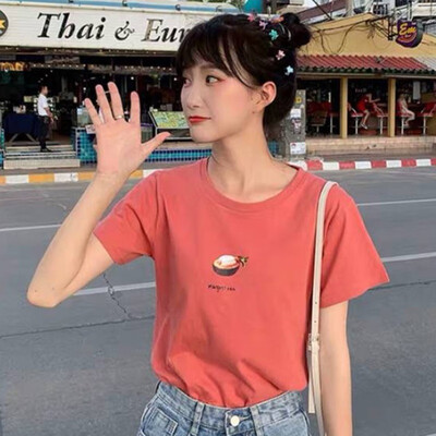 

Tshirt Women Casual Round Neck Fruit Print Short Sleeve Loose Pullover Ladies Tshirt