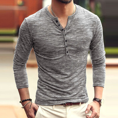 

Toponeto Men Autumn Casual Solid Color Long Sleeve V Neck Button Slim T-Shirt Tops Blouse