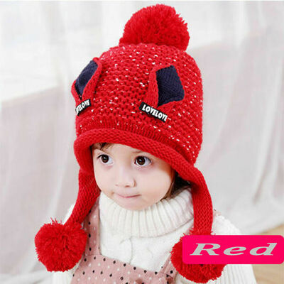 

Kids Children Knitted Beanie Hat Hats Cap Winter Worm Girls Boys Single Fur Pom