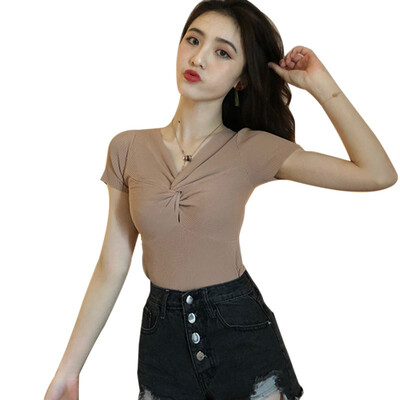 

Summer Female Harajuku T-shirt Sexy V Neck Solid Short Sleeve tshirt Knitted t shirt Women with Knot