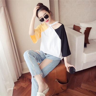 

Factory wholesale summer new Korean version of the seven-point sleeve hanging neck T-shirt female loose strapless color matching s