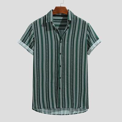 

Toponeto Mens Colorful Stripe Summer Short Sleeve Loose Buttons Casual Shirt Blouse