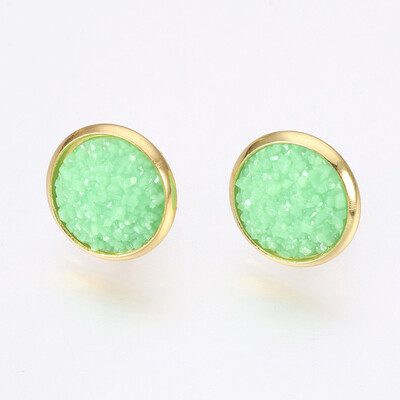 

Resin Stud Earrings with Golden Tone 304 Stainless Steel Findings Flat Round Druzy Resin PaleGreen 14515mm Pin 07mm