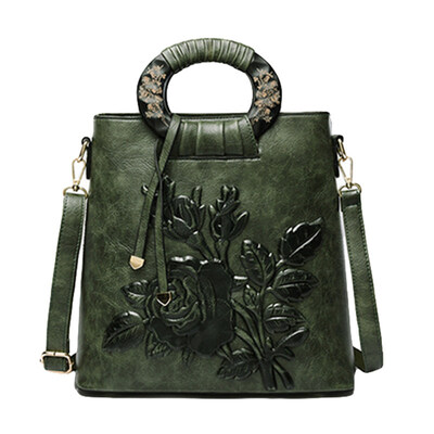

Women Chinese Floral Print Ring Handle Shoulder Bag Faux Leather Handbag Pouch