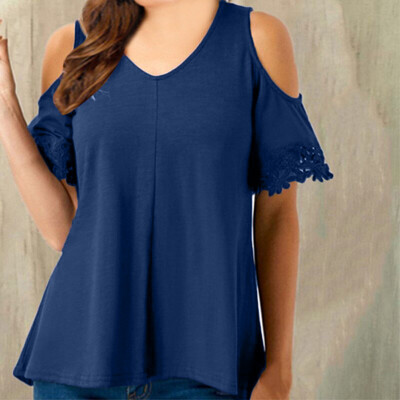 

Starmoon Women Plus Size Casual Solid V Neck Lace Daily Short Sleeve Tops Shirt Blouse