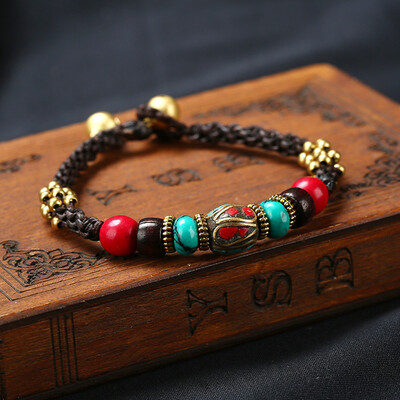 

National Style Turquoise Bell Manual Weaving Bracelet Exotic Nepal Beads Wax Rope Hand Chain Fashion Pair Bracelet