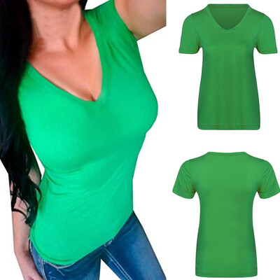 

Nomeni Women Fashion Sexy Short Sleeve O-Neck Pure Color Blouse Casual T-Shirt Tops
