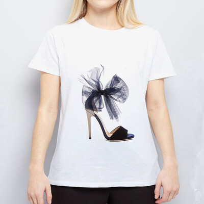 

Starmoon Women Personality High Heel Cartoon Print Round Neck Short Sleeved White T-shirt