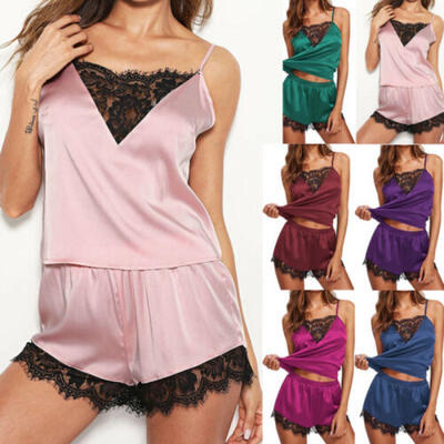 

2pcs Women Sexy Satin Lace Sleepwear Babydoll Lingerie Nightdress Pajamas Set US
