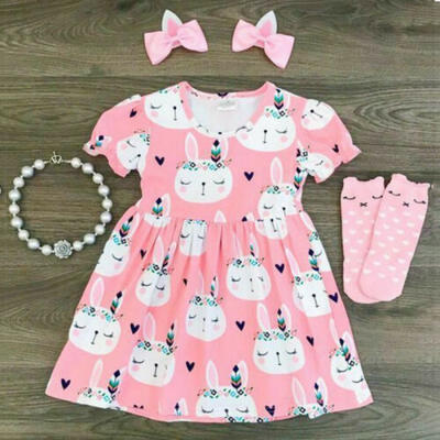 

US Toddler Girl Princess Sundress Bunny Short Sleeve Dress Easter Outfit Clothes