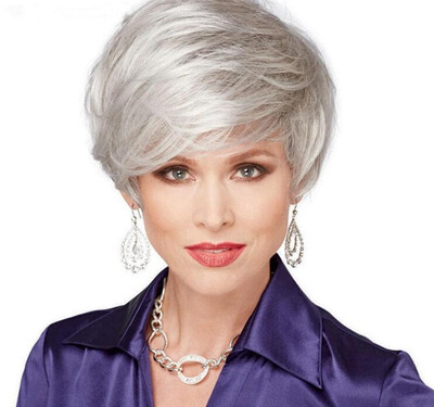 

European&American wig short hair female fluffy realistic silver gray middle-aged high-end wig