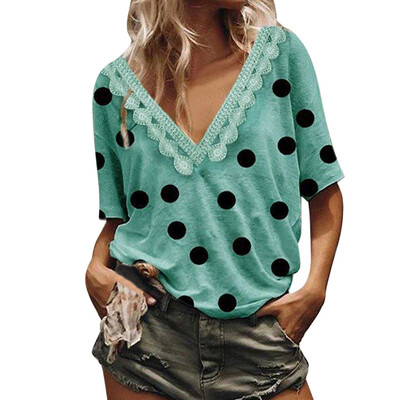 

Womens Polka Dots Casual Lace Baggy Summer V-neck Half Sleeve Tops Blouse Party